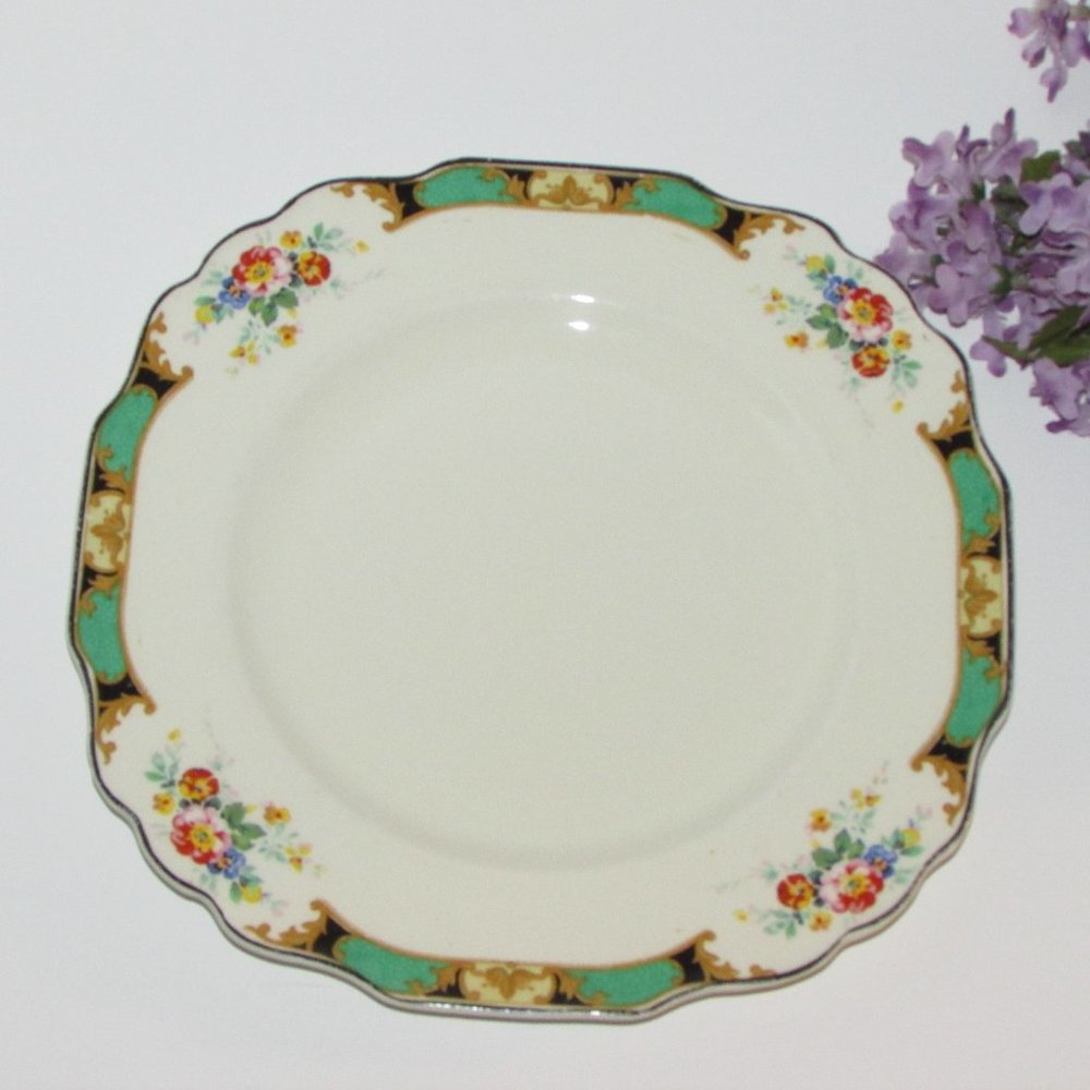 MYOTT Vintage Luncheon Salad Plate 2803 Square Green Black Floral Band England